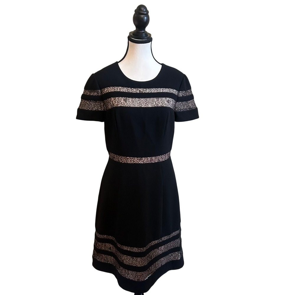 BCBGMAXAZRIA Black Dress Lace Trim Cocktail Party Career Short Sleeve Size 8